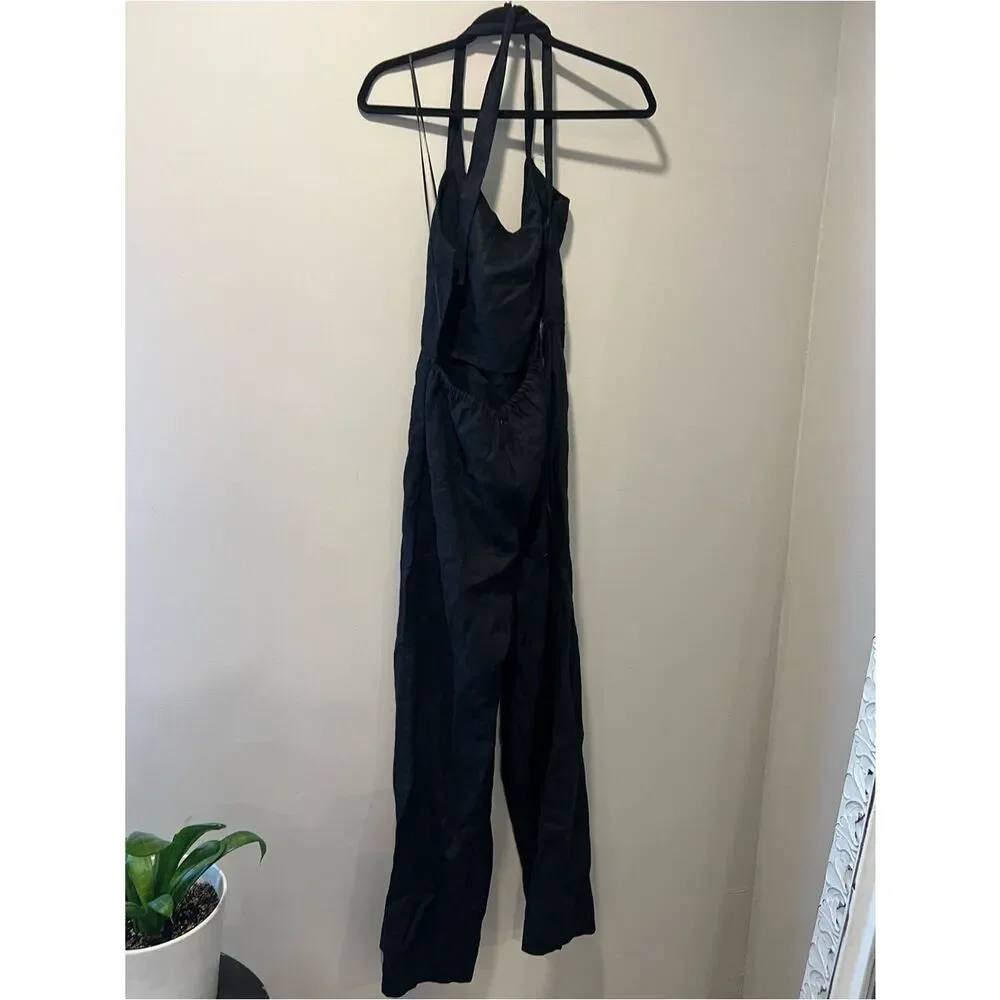 Reformation Malika Linen Black Halter Wide-Leg Jumpsuit with Square Neck Size 10